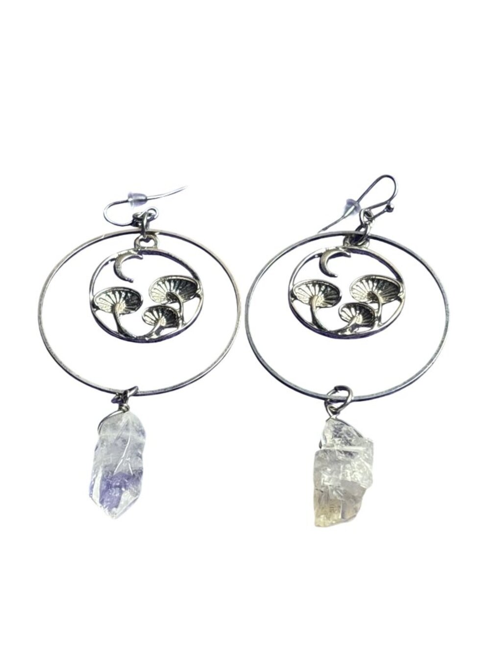 Celestial Boho Silvertone Circle Dangle Earrings Mushrooms Crescent Moon Quartz
